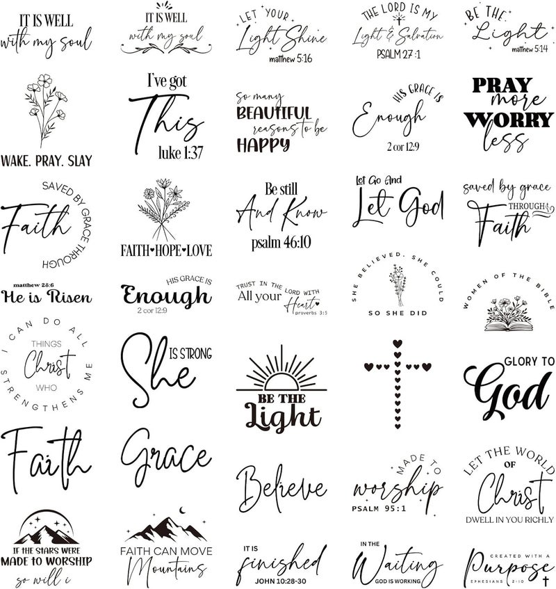 Shejdgart Dtf Transfers Ready to Press - 35 Pcs Bible Verse Christian Inspirational Iron on Patches for T-Shirts, Religious Iron on Stickers Heat Transfer Vinyl Decals for DIY Fabric Clothes Decor - Image 1